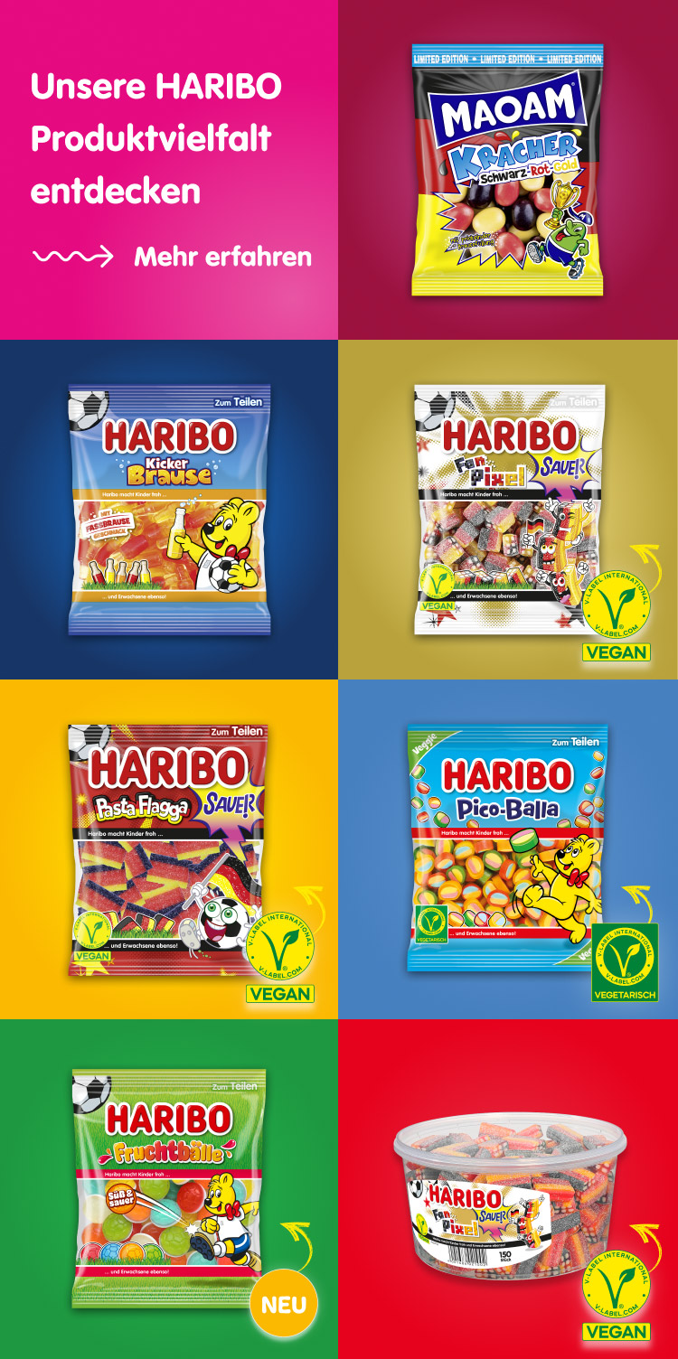 Unsere HARIBO Produktvielfalt entdecken; MAOAM Kracher Schwarz-Rot-Gold, HARIBO Fan-Pixel Sauer, HARIBO Kicker-Brause,HARIBO Pico-Balla, HARIBO Fruchtbälle (neu), HARIBO Pasta Flagga Sauer